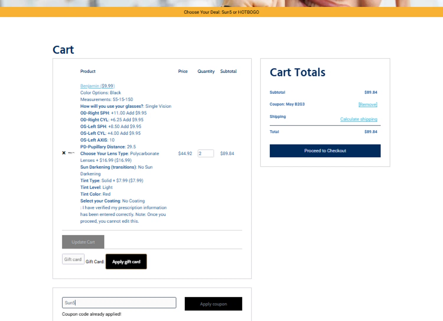 Great Eye Glasses promo code screenshot showing code Sun5 applied at Great Eye Glasses checkout page. Uploaded by SimplyCodes community member Toundjiale on Aug 12, 2025