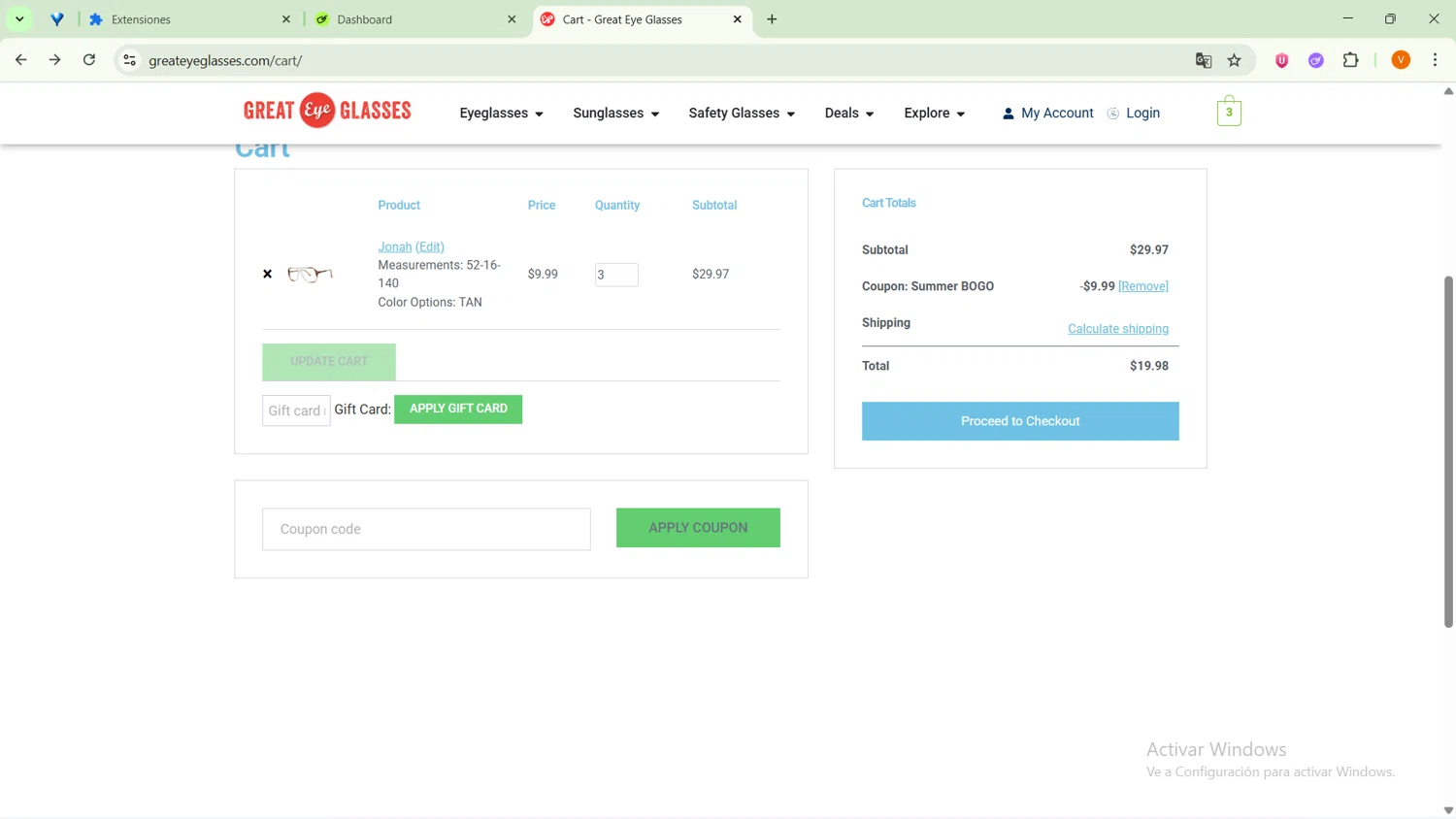 Great Eye Glasses checkout page showing Great Eye Glasses promo code box | Screenshot taken by SimplyCodes community member on Sep 18, 2025