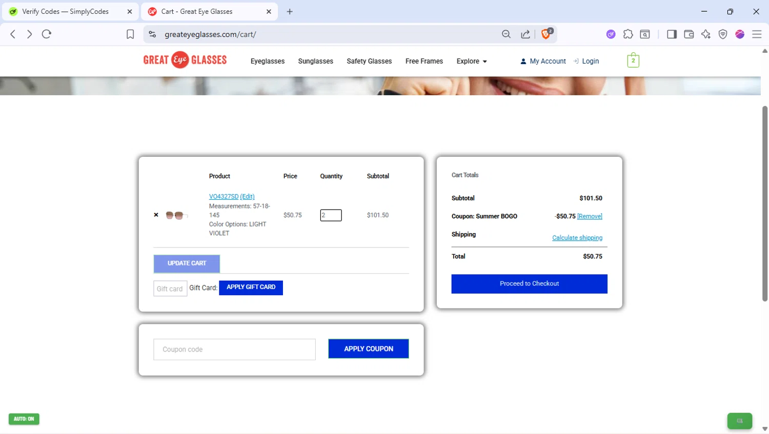 Great Eye Glasses promo code screenshot showing code HOTBOGO applied at Great Eye Glasses checkout page. Uploaded by SimplyCodes community member PocoyoTraihard on Nov 15, 2025