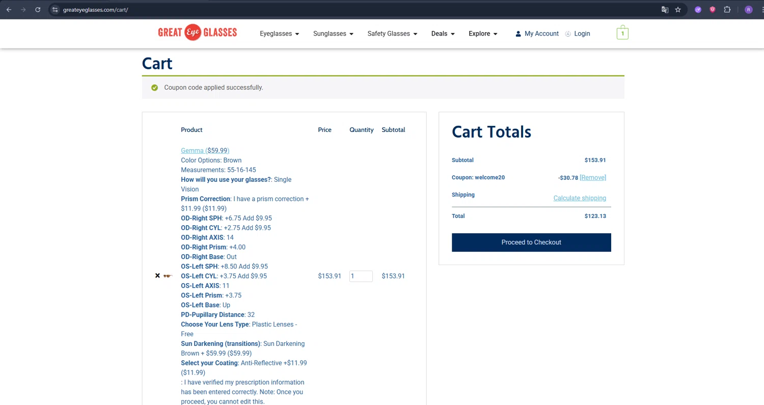 Great Eye Glasses promo code screenshot showing code WELCOME20 applied at Great Eye Glasses checkout page. Uploaded by SimplyCodes community member Ron322 on Jul 4, 2025