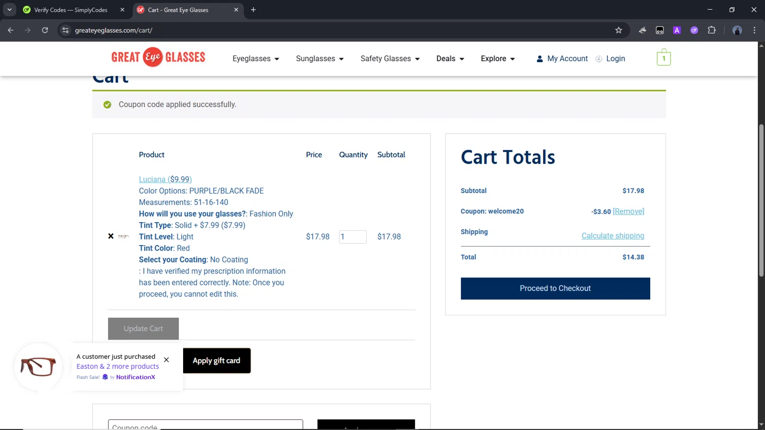 Great Eye Glasses promo code screenshot showing code WELCOME20 applied at Great Eye Glasses checkout page. Uploaded by SimplyCodes community member Time_sin_filtro on Apr 28, 2025