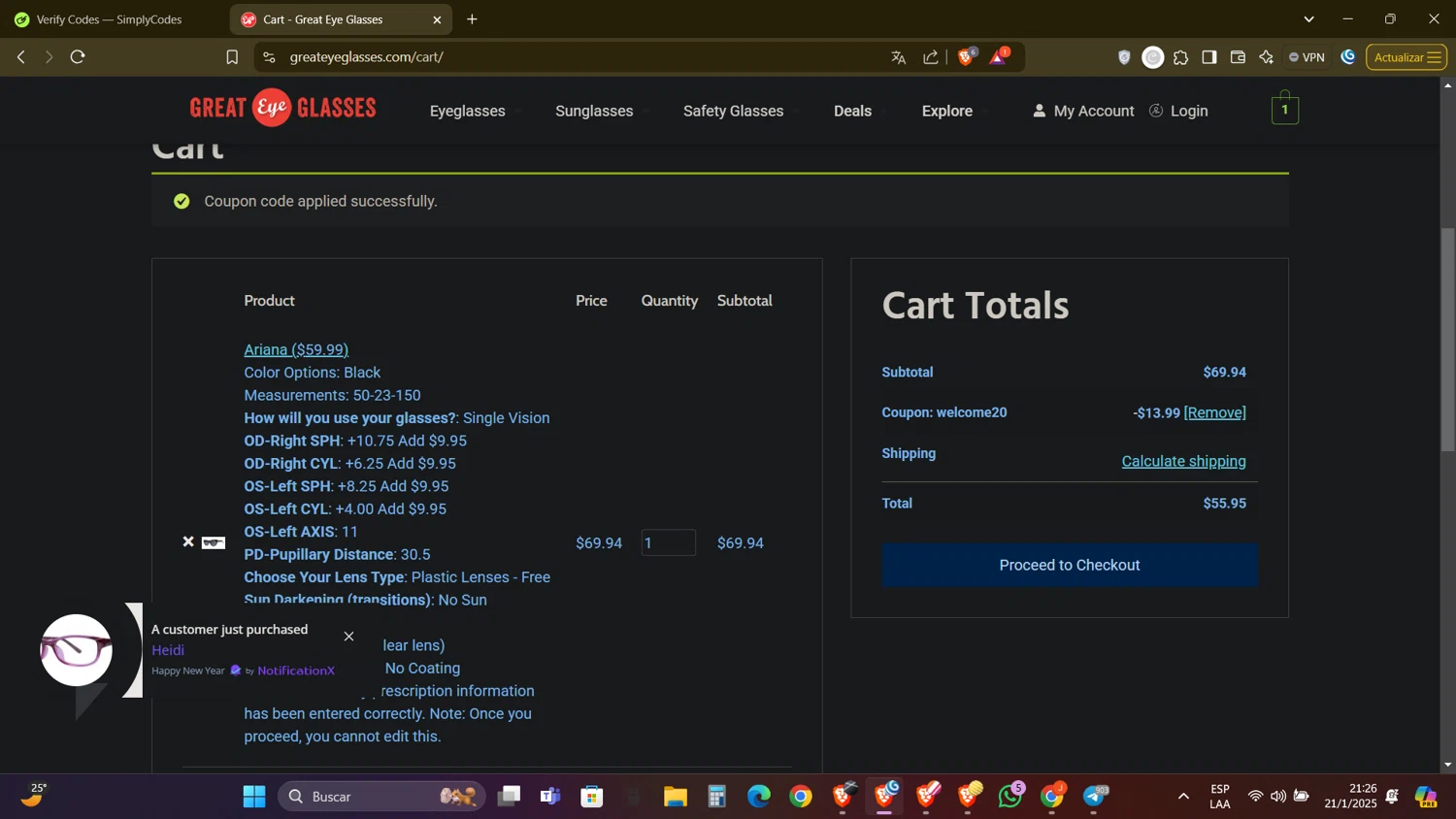 Great Eye Glasses promo code screenshot showing code WELCOME20 applied at Great Eye Glasses checkout page. Uploaded by SimplyCodes community member DealAdmiral5466 on Jan 22, 2025