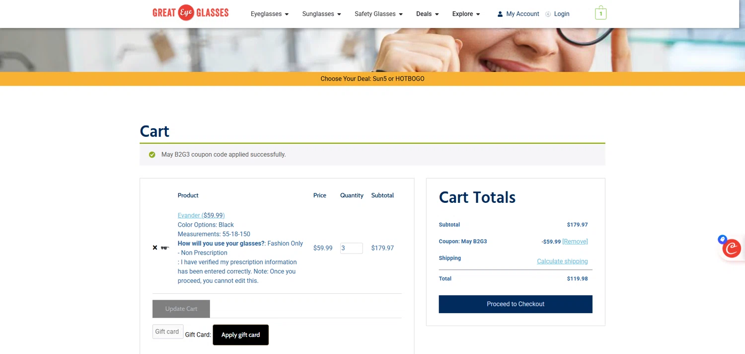 Great Eye Glasses promo code screenshot showing code Sun5 applied at Great Eye Glasses checkout page. Uploaded by SimplyCodes community member ivantorres on Jul 14, 2025