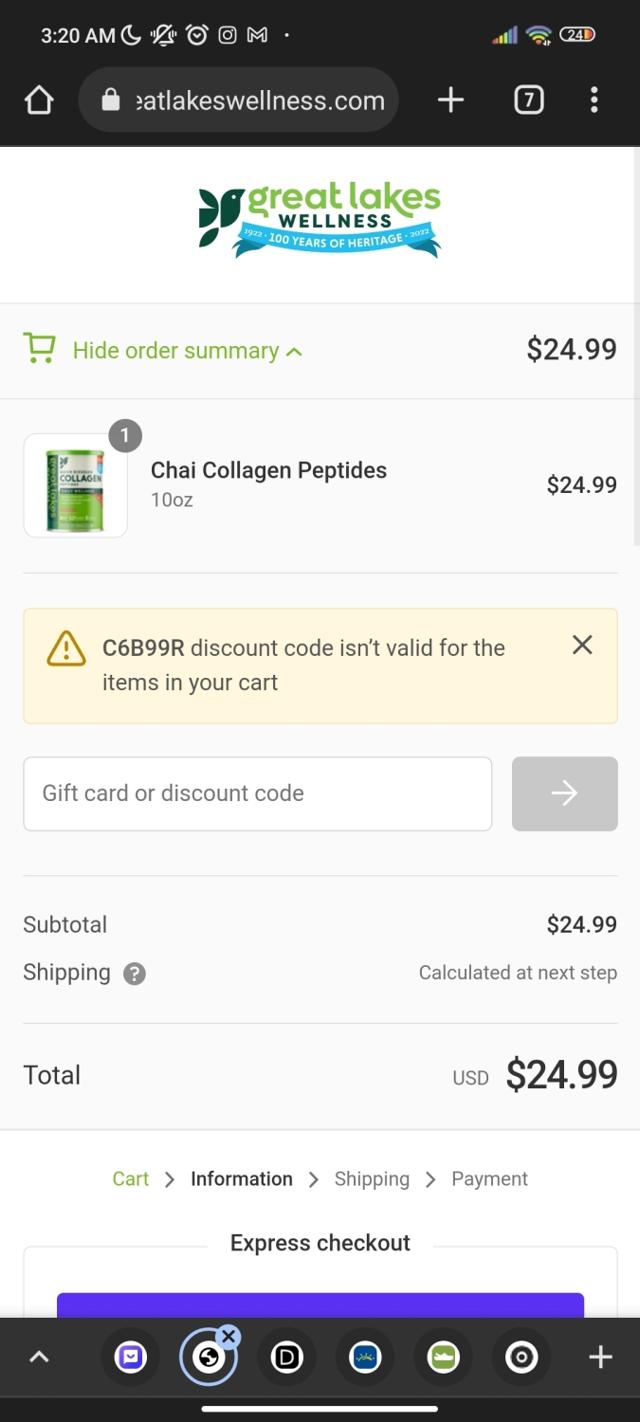 Great Lakes Wellness checkout page showing Great Lakes Wellness coupon code box | Screenshot taken by SimplyCodes community member on Mar 12, 2023