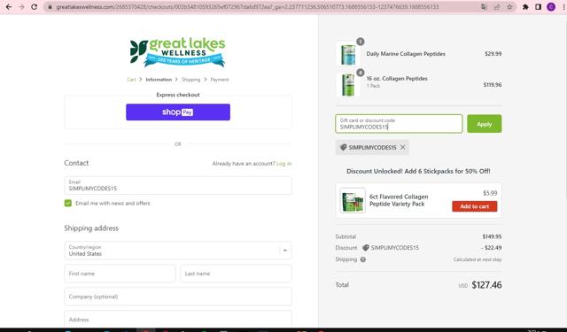 Great Lakes Wellness checkout page showing Great Lakes Wellness coupon code box | Screenshot taken by SimplyCodes community member on Jul 5, 2023