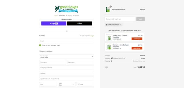 Great Lakes Wellness checkout page showing Great Lakes Wellness coupon code box | Screenshot taken by SimplyCodes community member on Sep 24, 2023