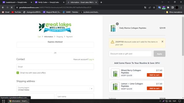 Great Lakes Wellness checkout page showing Great Lakes Wellness coupon code box | Screenshot taken by SimplyCodes community member on Sep 24, 2023