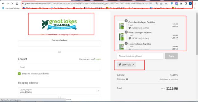 Great Lakes Wellness checkout page showing Great Lakes Wellness coupon code box | Screenshot taken by SimplyCodes community member on Nov 3, 2023