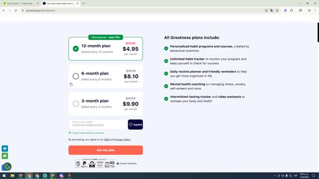 Greatness checkout page showing Greatness coupon code box | Screenshot taken by SimplyCodes community member on Jun 21, 2025
