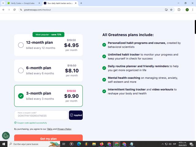 Greatness checkout page showing Greatness coupon code box | Screenshot taken by SimplyCodes community member on Jun 28, 2025