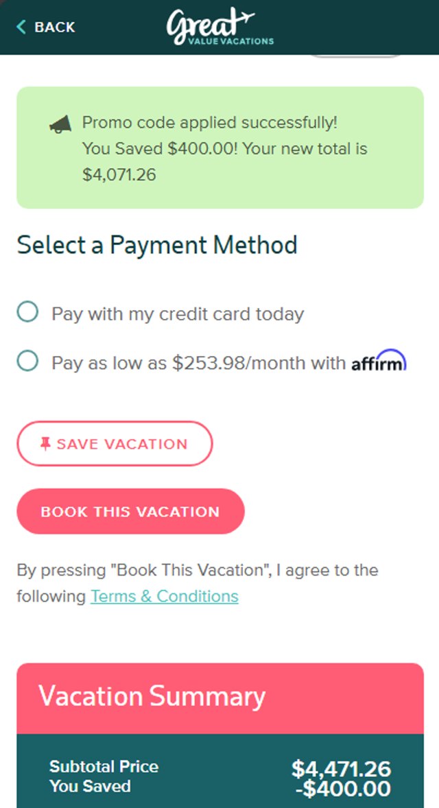 Great Value Vacations checkout page showing Great Value Vacations promo code box | Screenshot taken by SimplyCodes community member on Aug 30, 2025