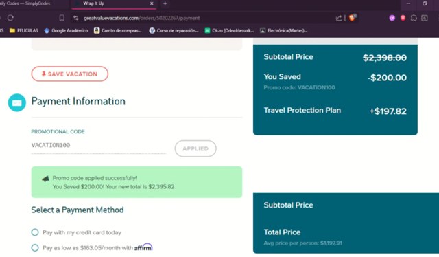 Great Value Vacations checkout page showing Great Value Vacations promo code box | Screenshot taken by SimplyCodes community member on Sep 8, 2025