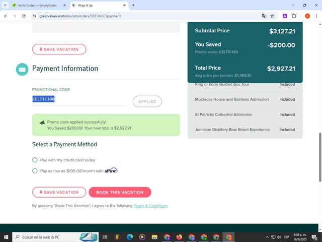 Great Value Vacations checkout page showing Great Value Vacations promo code box | Screenshot taken by SimplyCodes community member on Aug 17, 2025