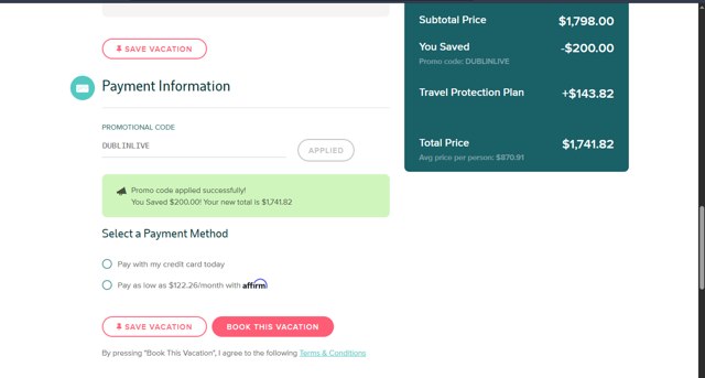 Great Value Vacations checkout page showing Great Value Vacations promo code box | Screenshot taken by SimplyCodes community member on Aug 20, 2025