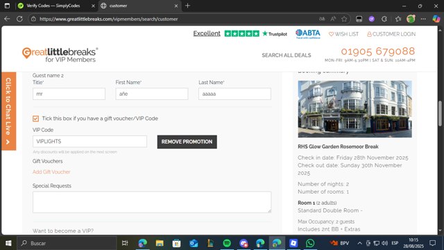 Great Value Vacations checkout page showing Great Value Vacations promo code box | Screenshot taken by SimplyCodes community member on Aug 28, 2025