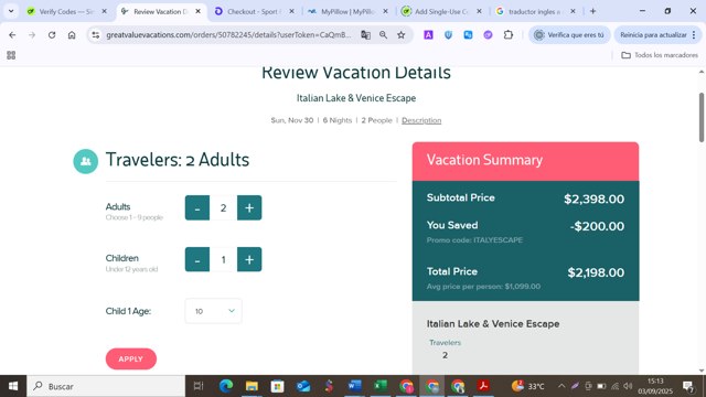 Great Value Vacations checkout page showing Great Value Vacations promo code box | Screenshot taken by SimplyCodes community member on Sep 3, 2025
