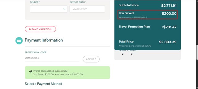 Great Value Vacations checkout page showing Great Value Vacations promo code box | Screenshot taken by SimplyCodes community member on Sep 8, 2025