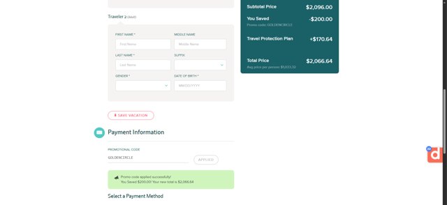 Great Value Vacations checkout page showing Great Value Vacations promo code box | Screenshot taken by SimplyCodes community member on Sep 8, 2025