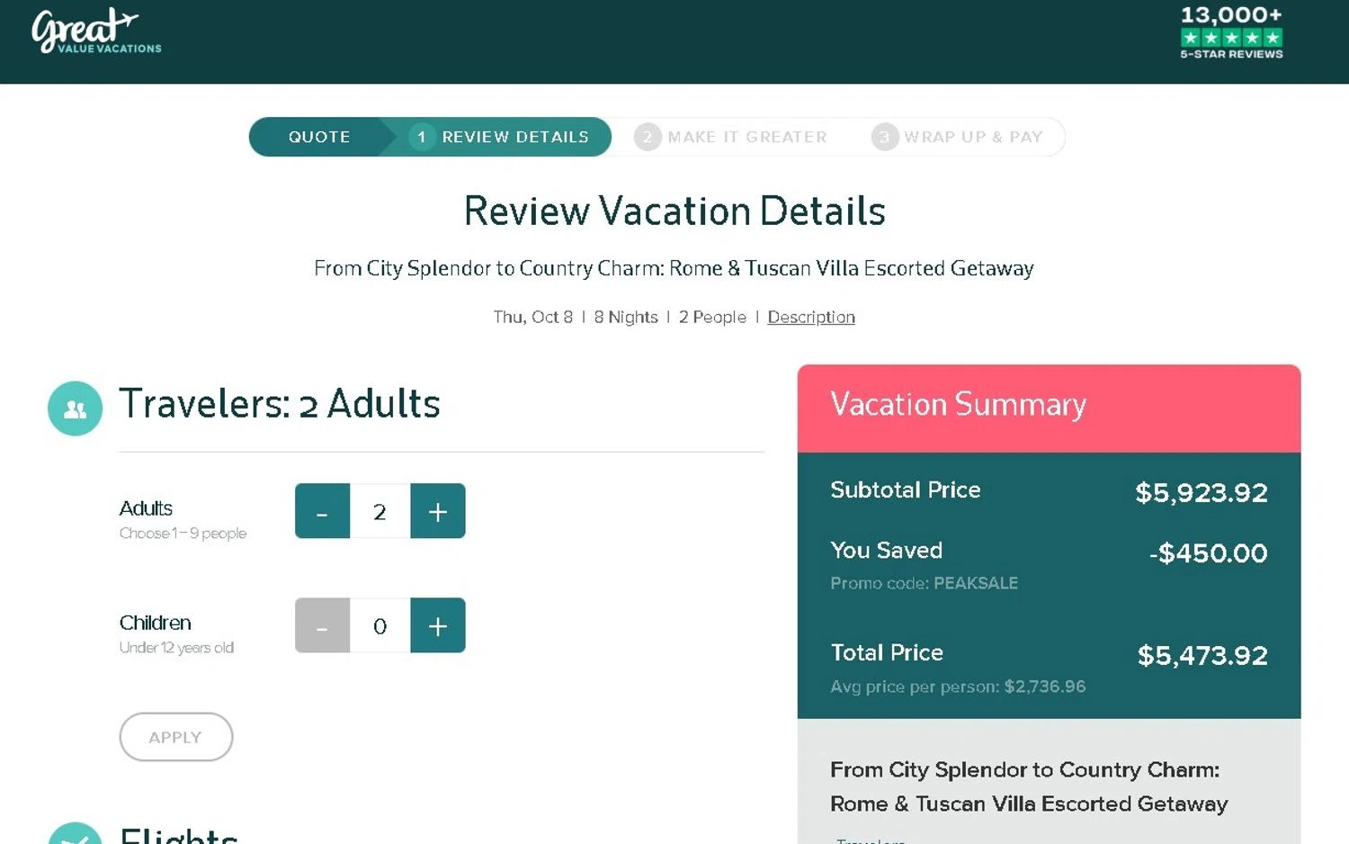 Great Value Vacations promo code screenshot showing code PEAKSALE applied at Great Value Vacations checkout page. Uploaded by SimplyCodes community member LAMINEJAMAL on Jan 10, 2026
