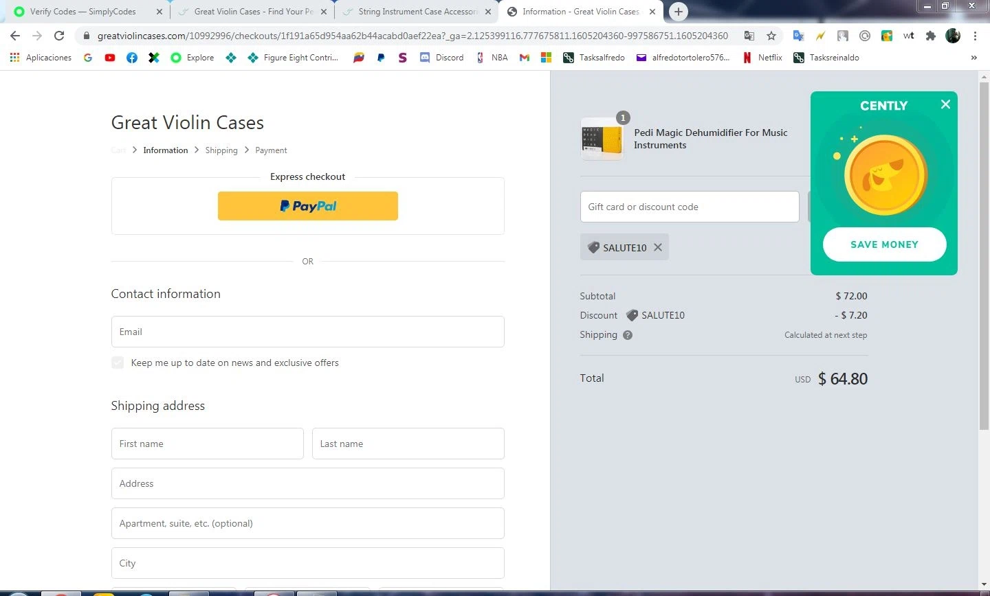 Great Violin Cases checkout page showing Great Violin Cases discount code box | Screenshot taken by SimplyCodes community member on Nov 12, 2020