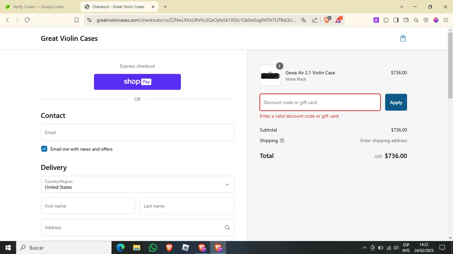 Great Violin Cases discount code screenshot showing code SALUTE10 applied at Great Violin Cases checkout page. Uploaded by SimplyCodes community member underwater on Feb 24, 2025