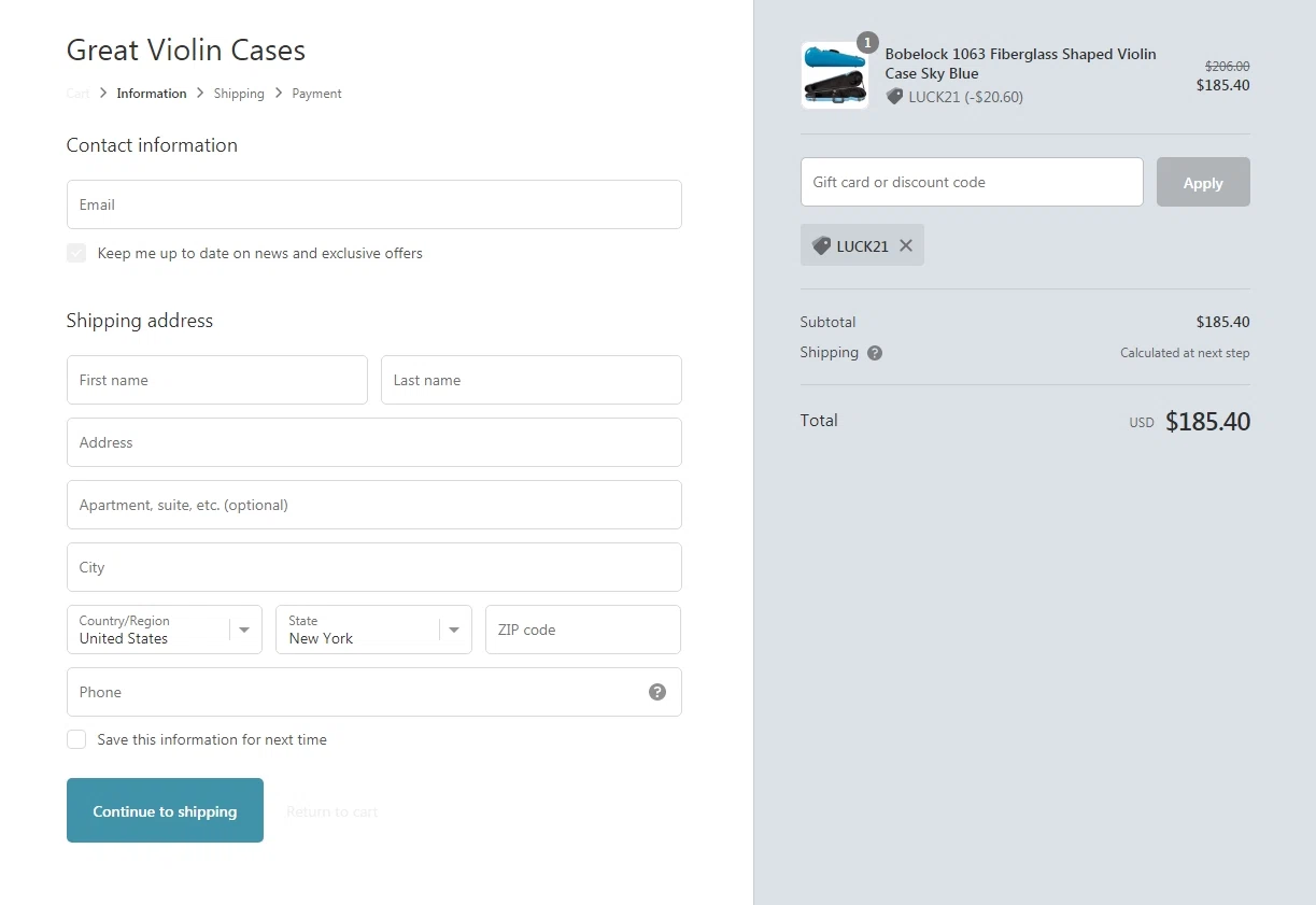Great Violin Cases checkout page showing Great Violin Cases discount code box | Screenshot taken by SimplyCodes community member on Mar 19, 2021
