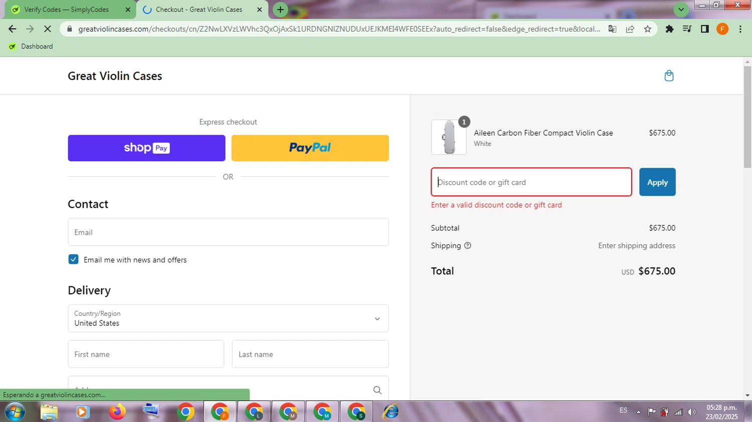 Great Violin Cases discount code screenshot showing code LUCK21 applied at Great Violin Cases checkout page. Uploaded by SimplyCodes community member SavvyCollector9528 on Feb 23, 2025