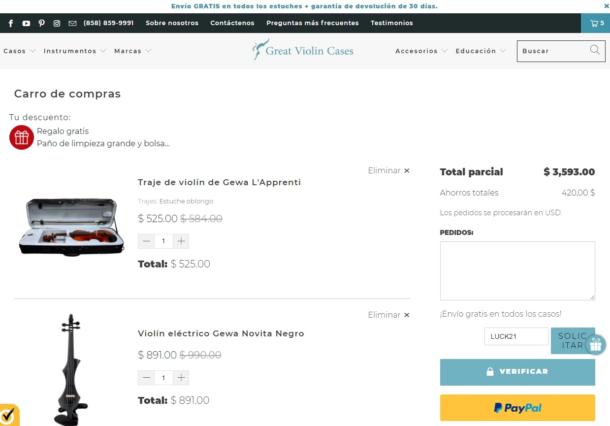Great Violin Cases checkout page showing Great Violin Cases discount code box | Screenshot taken by SimplyCodes community member on Apr 15, 2021