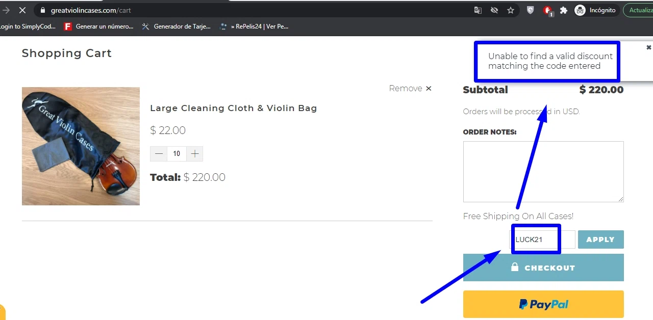 Great Violin Cases checkout page showing Great Violin Cases discount code box | Screenshot taken by SimplyCodes community member on May 14, 2021