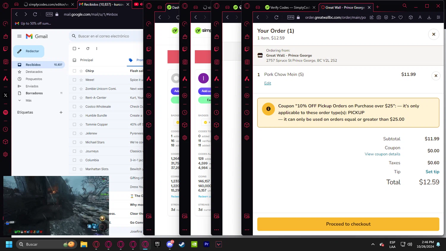 Great Wall Restaurant checkout page showing Great Wall Restaurant promo code box | Screenshot taken by SimplyCodes community member on Oct 26, 2024