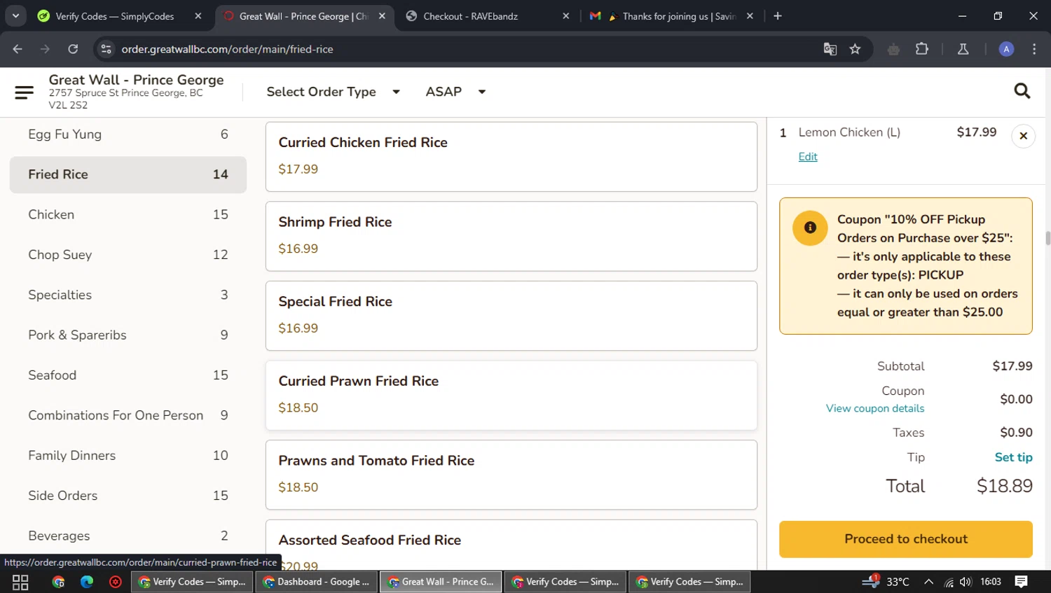 Great Wall Restaurant checkout page showing Great Wall Restaurant promo code box | Screenshot taken by SimplyCodes community member on Oct 26, 2024