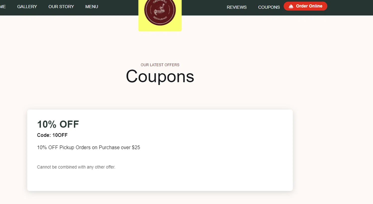 Great Wall Restaurant checkout page showing Great Wall Restaurant promo code box | Screenshot taken by SimplyCodes community member on Oct 26, 2024