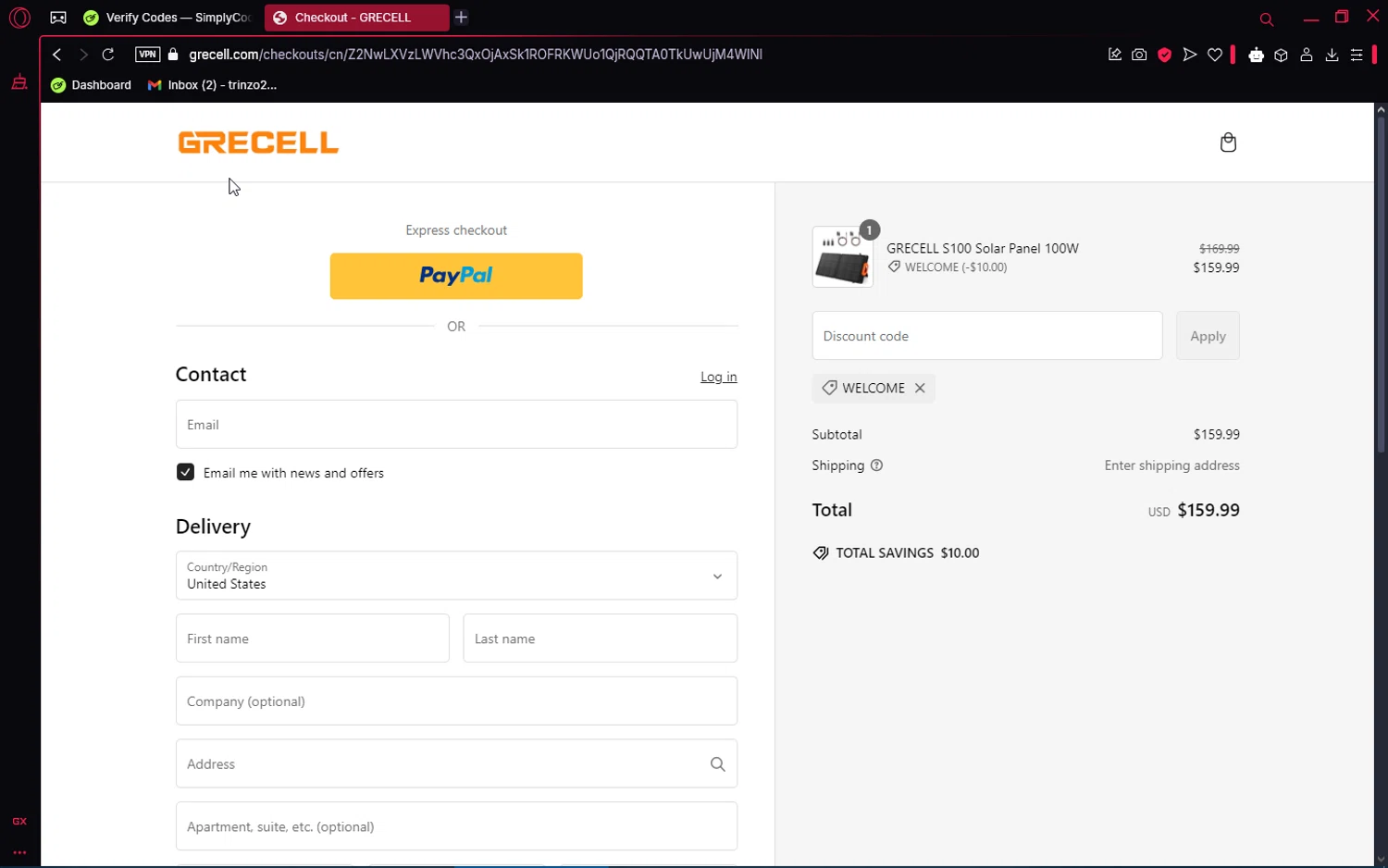 GRECELL discount code screenshot showing code WELCOME applied at GRECELL checkout page. Uploaded by SimplyCodes community member SaleRanger1759 on Feb 22, 2025