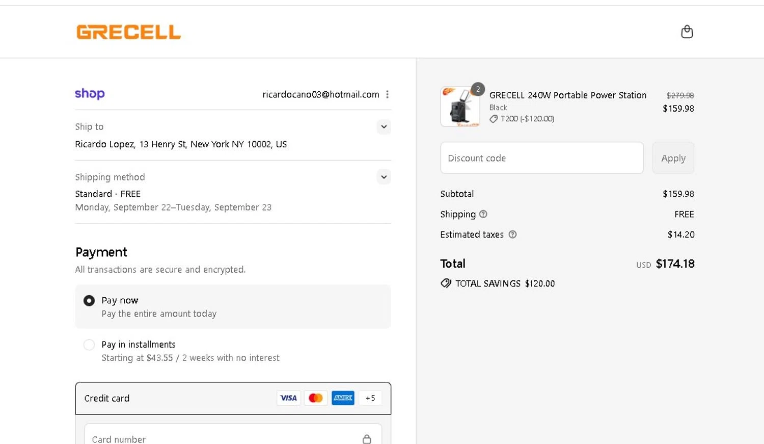 GRECELL discount code screenshot showing code T200 applied at GRECELL checkout page. Uploaded by SimplyCodes community member LAMINEJAMAL on Sep 15, 2025