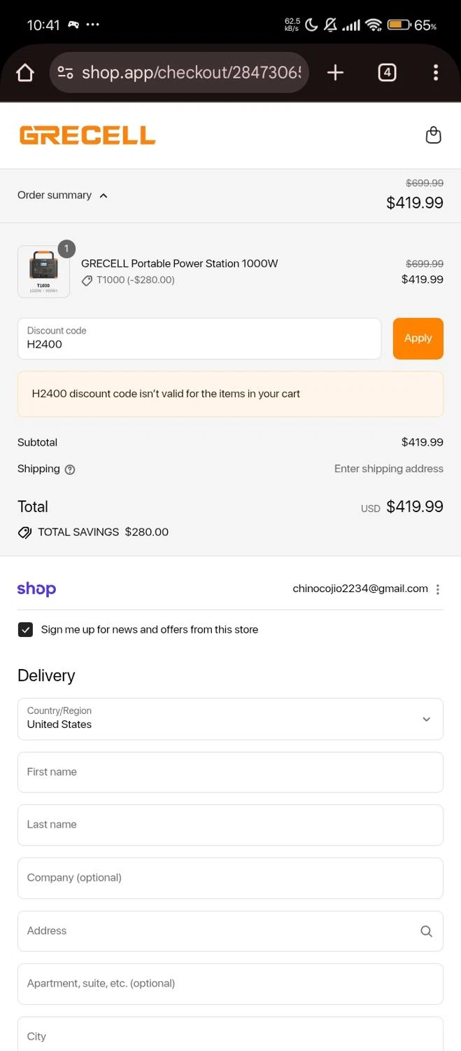 GRECELL discount code screenshot showing code H2400 applied at GRECELL checkout page. Uploaded by SimplyCodes community member Jutdcv on Sep 11, 2025
