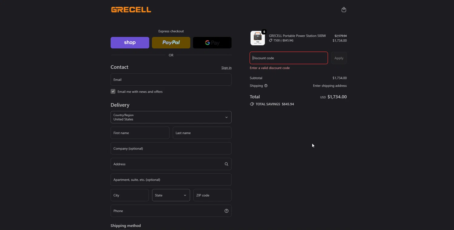 GRECELL discount code screenshot showing code T500 applied at GRECELL checkout page. Uploaded by SimplyCodes community member Hei201 on Sep 21, 2025