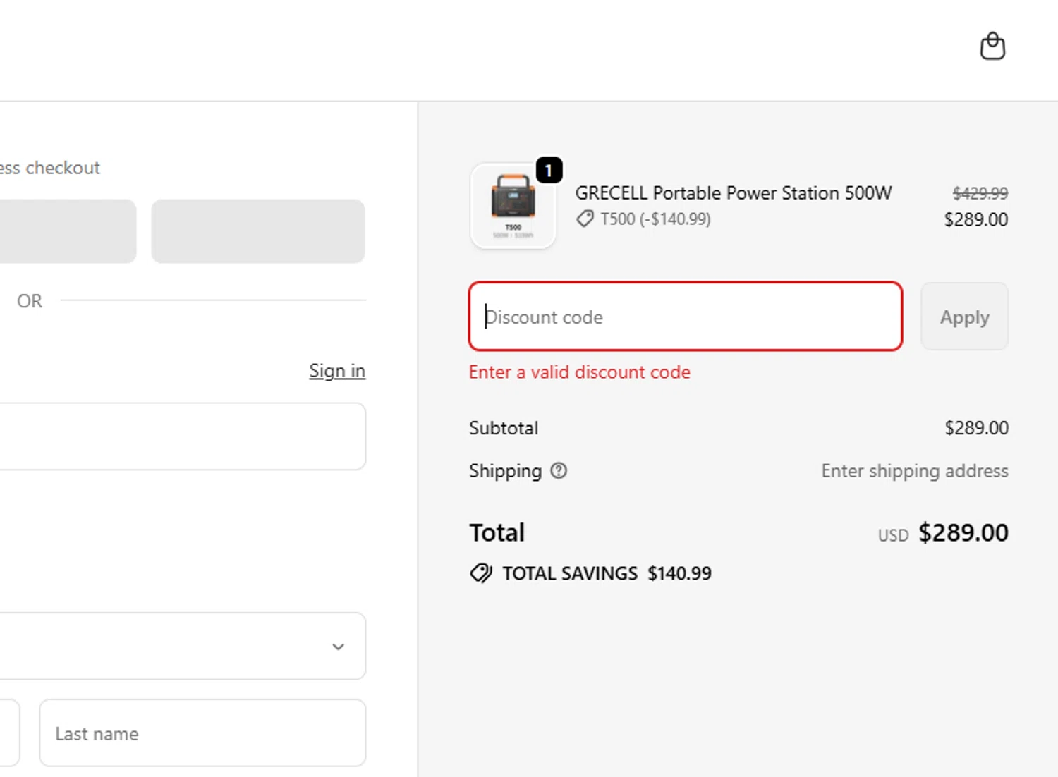 GRECELL discount code screenshot showing code T500 applied at GRECELL checkout page. Uploaded by SimplyCodes community member TULA515 on Sep 21, 2025