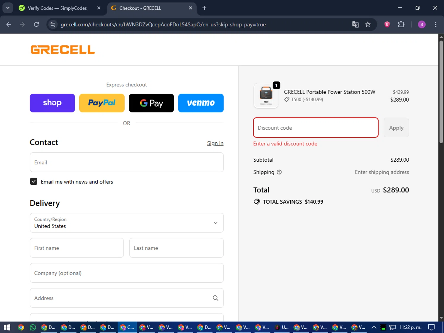 GRECELL discount code screenshot showing code T500 applied at GRECELL checkout page. Uploaded by SimplyCodes community member travisscott on Sep 21, 2025