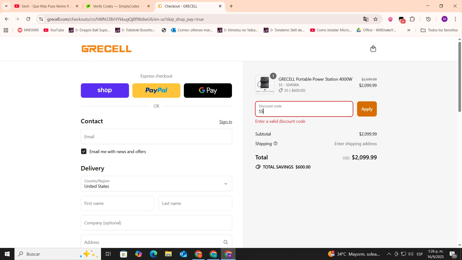 GRECELL discount code screenshot showing code S5 applied at GRECELL checkout page. Uploaded by SimplyCodes community member cod_gakpo on Sep 16, 2025