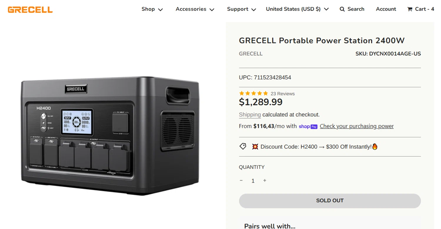 GRECELL discount code screenshot showing code H2400 applied at GRECELL checkout page. Uploaded by SimplyCodes community member SavvyCurator5307 on Sep 8, 2025