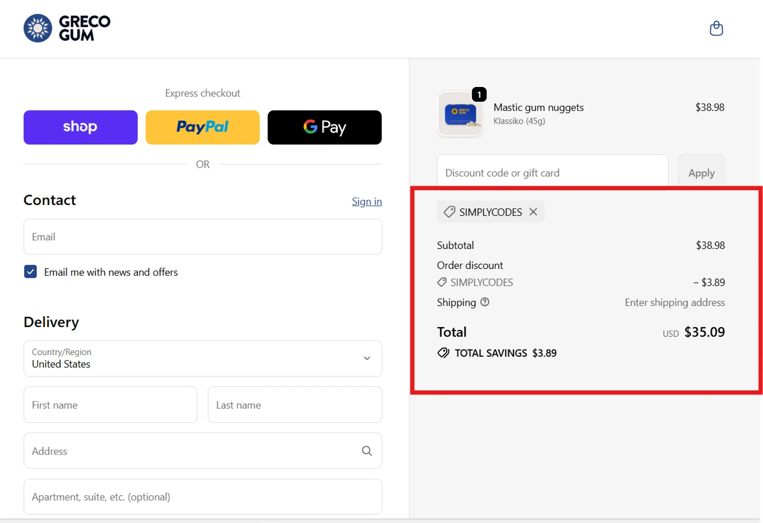Greco Gum discount code screenshot showing code SIMPLYCODES applied at Greco Gum checkout page. Uploaded by SimplyCodes community member DiscountCollector3881 on Oct 31, 2025