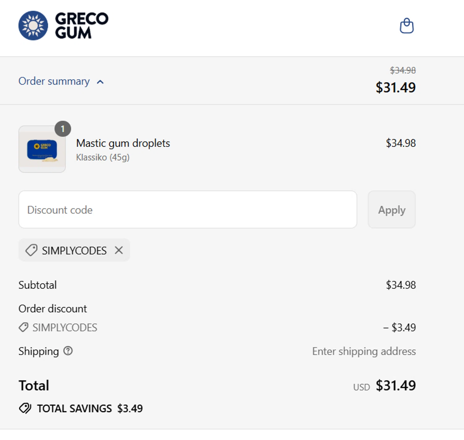 Greco Gum discount code screenshot showing code SIMPLYCODES applied at Greco Gum checkout page. Uploaded by SimplyCodes community member steve_jeff on Jul 24, 2025