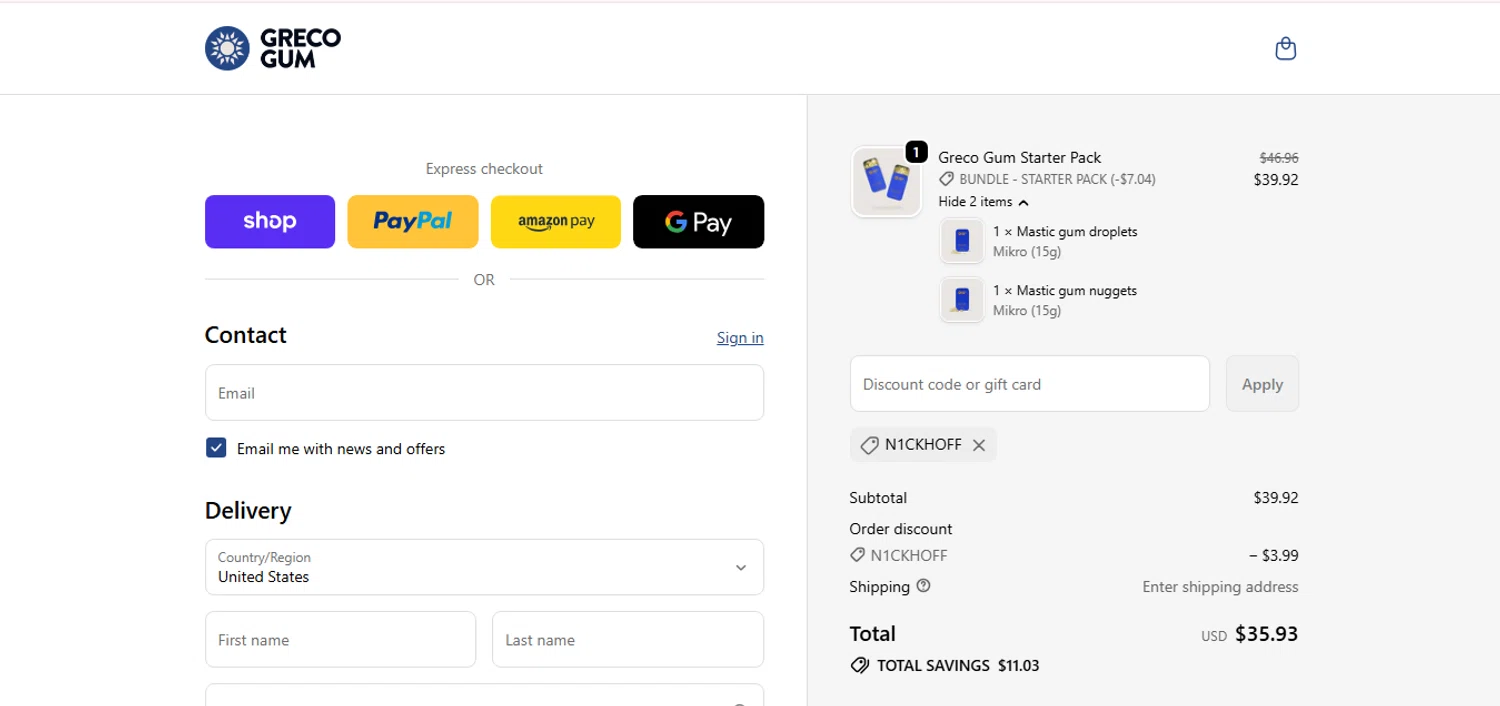 Greco Gum checkout page showing Greco Gum discount code box | Screenshot taken by SimplyCodes community member on Jan 16, 2026