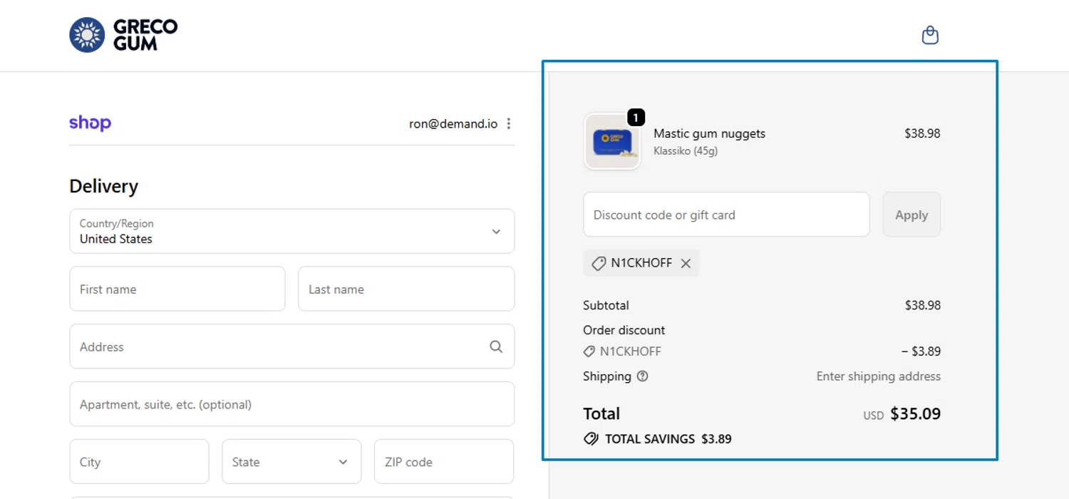 Greco Gum discount code screenshot showing code N1CKHOFF applied at Greco Gum checkout page. Uploaded by SimplyCodes community member Swiftdealz on Oct 19, 2025
