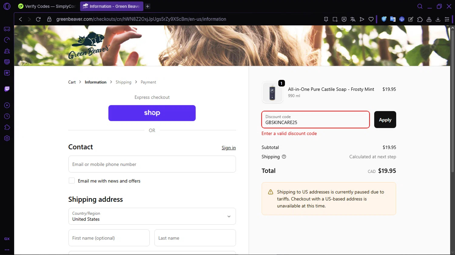 Green Beaver discount code screenshot showing code GBSKINCARE25 applied at Green Beaver checkout page. Uploaded by SimplyCodes community member RewardLion134 on Feb 8, 2026