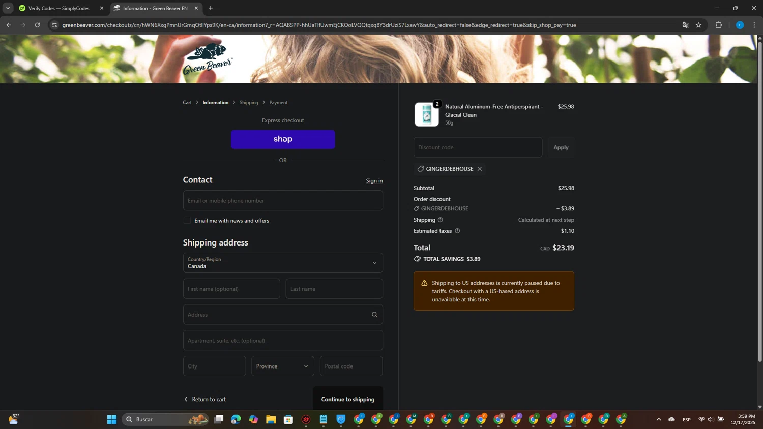 Green Beaver discount code screenshot showing code GINGERDEBHOUSE applied at Green Beaver checkout page. Uploaded by SimplyCodes community member CouponPhoenix3444 on Dec 17, 2025