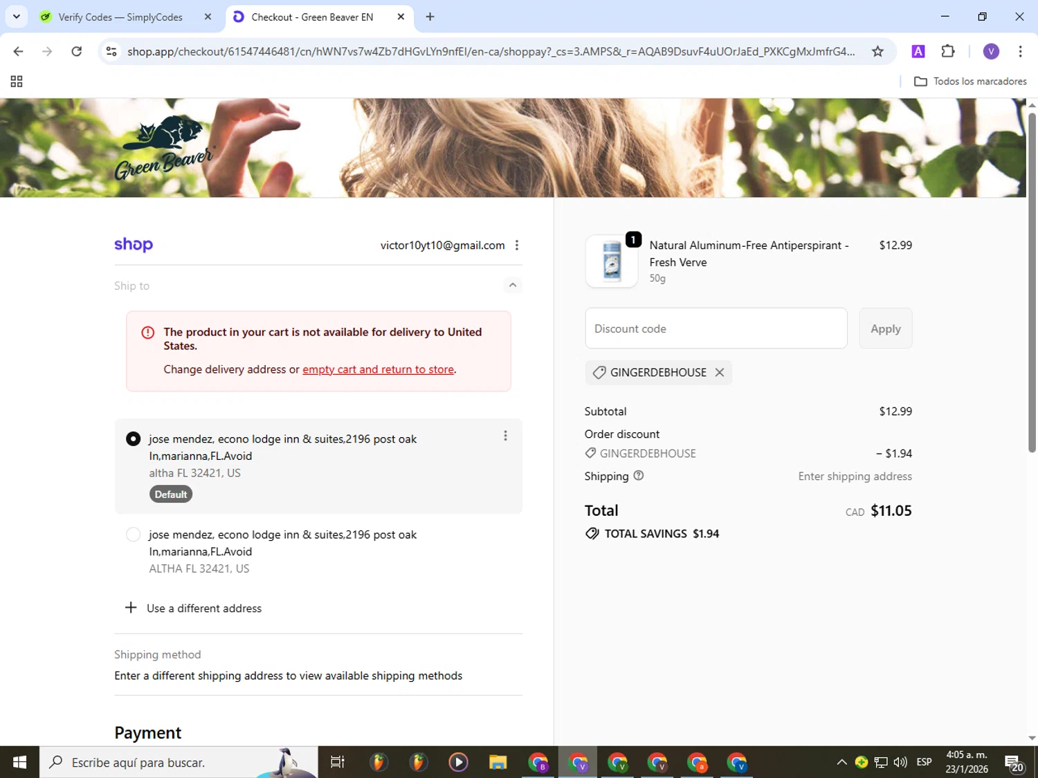 Green Beaver discount code screenshot showing code GINGERDEBHOUSE applied at Green Beaver checkout page. Uploaded by SimplyCodes community member Gianpiero on Jan 23, 2026
