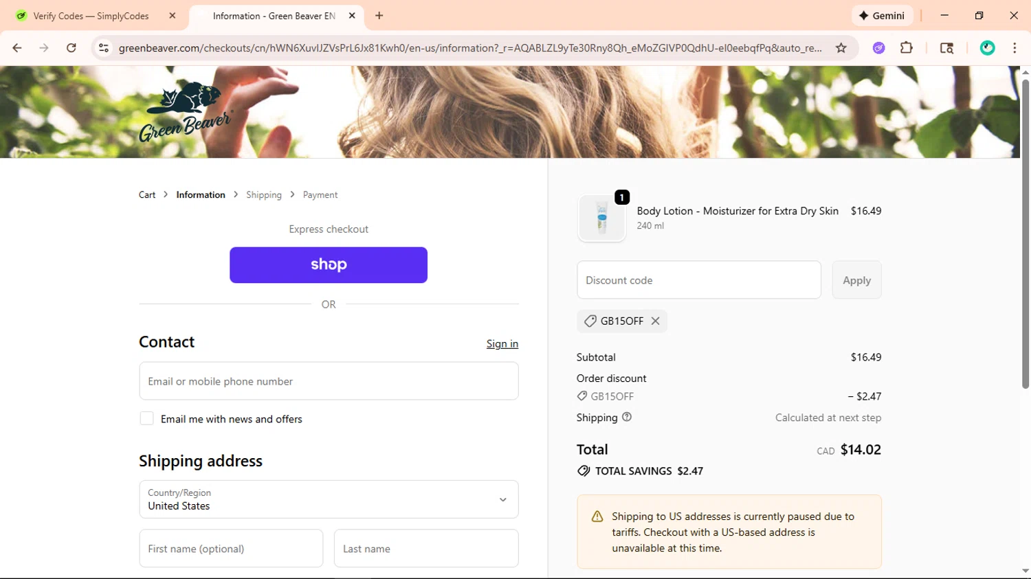 Green Beaver discount code screenshot showing code GB15OFF applied at Green Beaver checkout page. Uploaded by SimplyCodes community member ShieldLegend9691 on Dec 17, 2025