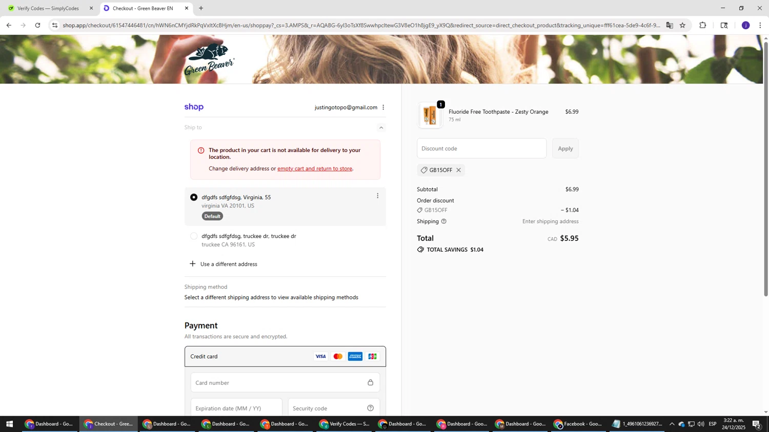 Green Beaver discount code screenshot showing code GB15OFF applied at Green Beaver checkout page. Uploaded by SimplyCodes community member simplycodesssss on Dec 24, 2025
