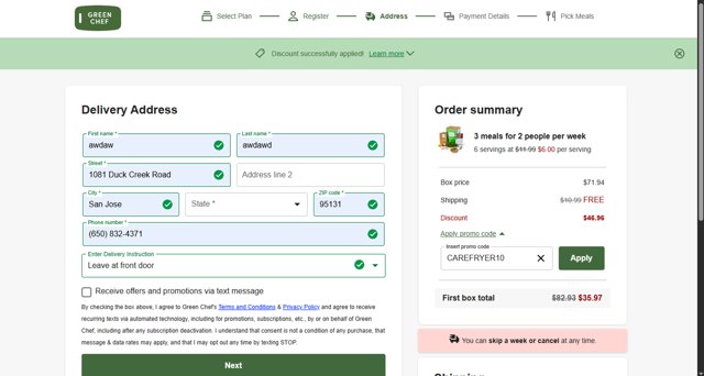Green Chef checkout page showing Green Chef promo code box | Screenshot taken by SimplyCodes community member on Sep 3, 2025
